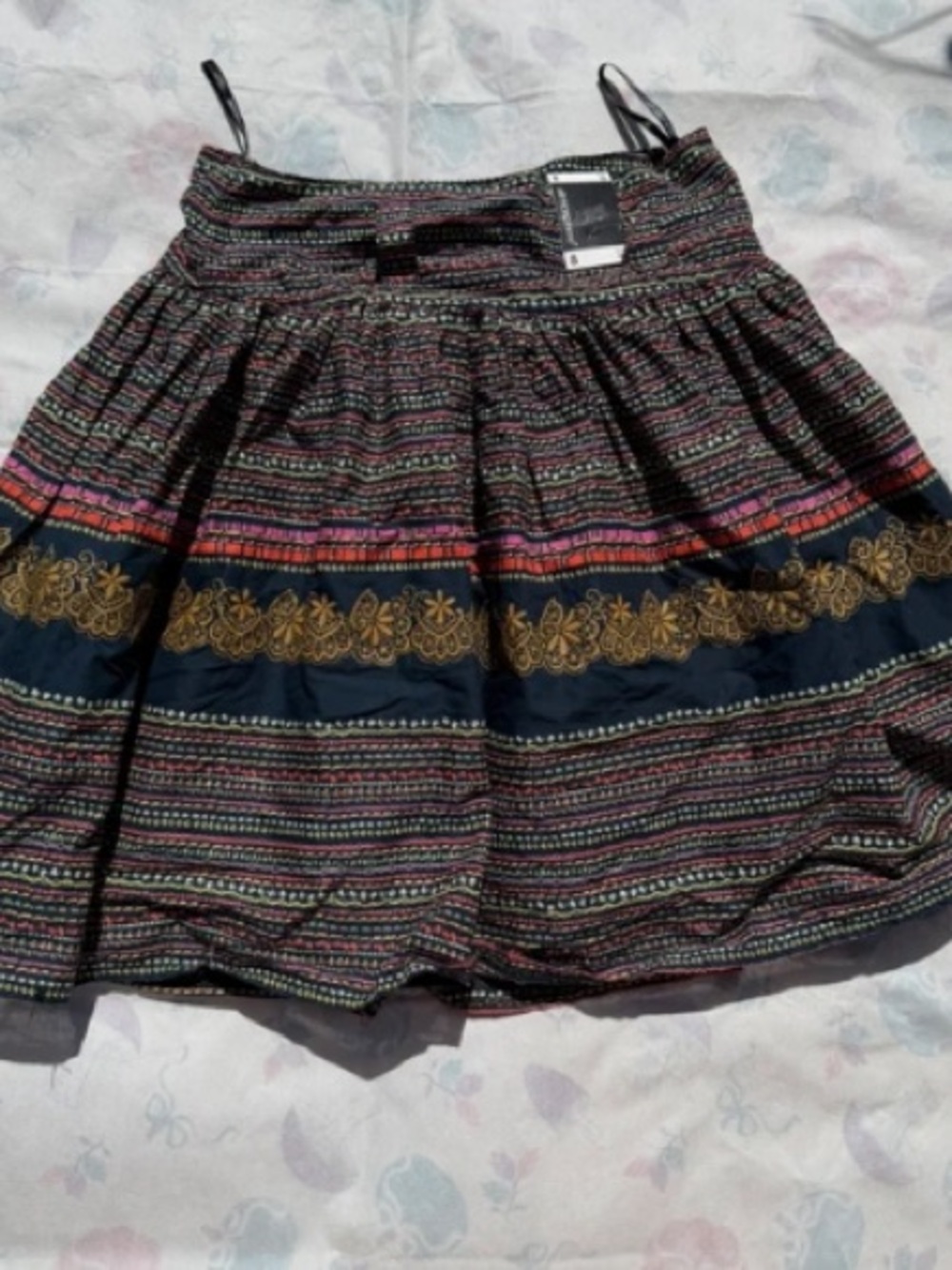 Atmosphere Navy Mini Skirt with Multicolor Stripes and Gold Embroidery